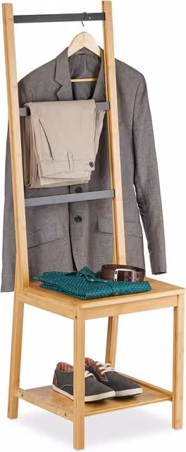 Galán de noche Relaxdays de bambú con asiento, 2 baldas y 3 barras para dormitorio o baño, Al x An x P: 133 x 40 x 42 cm, marrón y negro