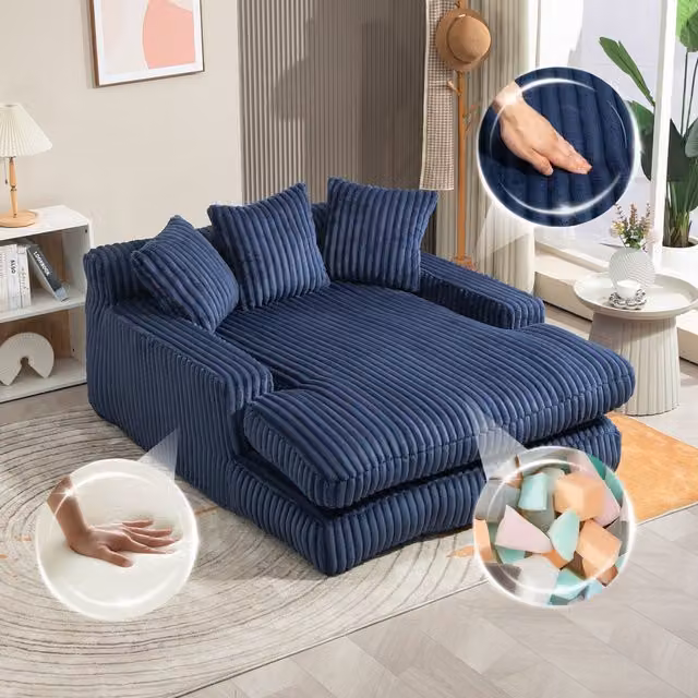 Sofá Relax SOLKVUNZA de Terciopelo Acanalado Azul con 3 Cojines, Acolchado con Espuma para Salón o Despacho, An/P/Al: 125 x 155 x 63 cm