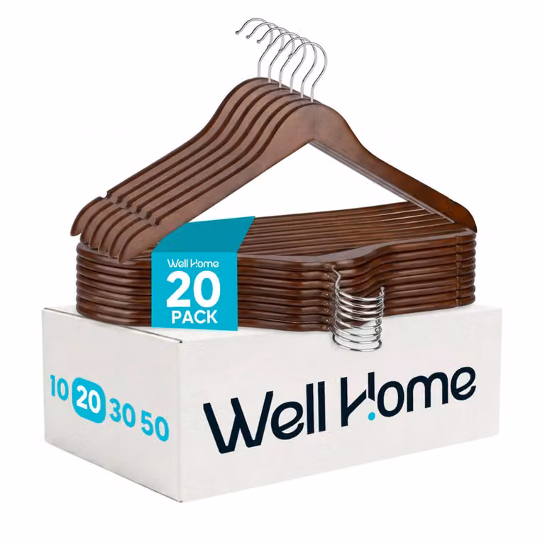 Pack de 20 perchas de madera robusta Wellhome en color marrón con gancho giratorio y hombros contorneados