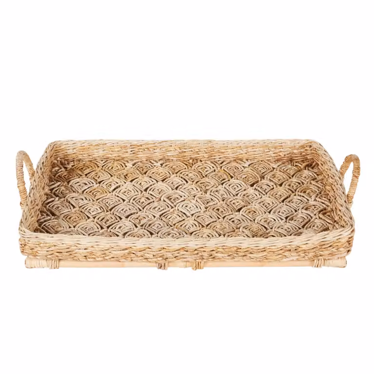 Bandeja decorativa rectangular de ratán y fibra vegetal ALMARJ en color beige, An/P/Al: 81 x 53 x 17 cm