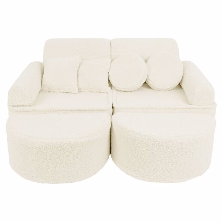 Sofá modular infantil MeowBaby de 12 piezas en tejido boucle beige y blanco con fundas extraíbles
