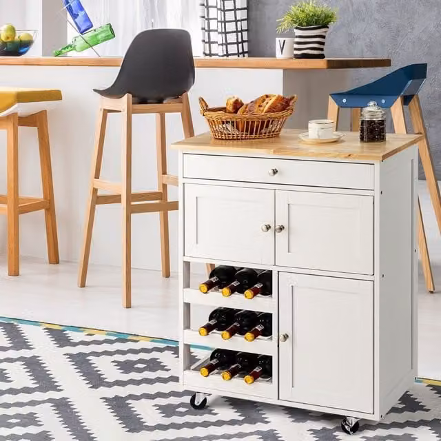 Carrito de cocina con armario y botellero NORTHIO en color blanco y madera de pino, An/P/Al: 67 x 37 x 87 cm