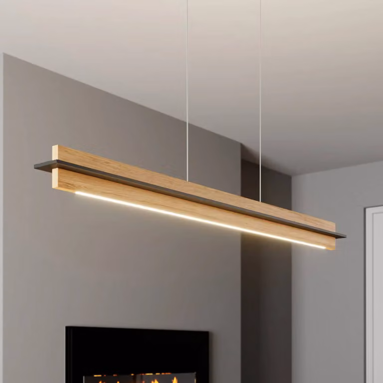 Lámpara colgante Lexa Quitani de madera y metal en color madera y negro, atenuable con luz LED blanca cálida para salón o comedor