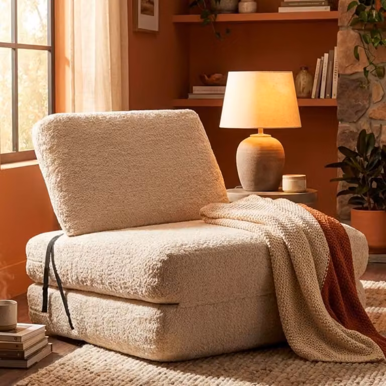 Sillón cama individual Faster de ProduceShop en tejido bouclé blanco, An/P/Al: 80 x 100 x 80 cm
