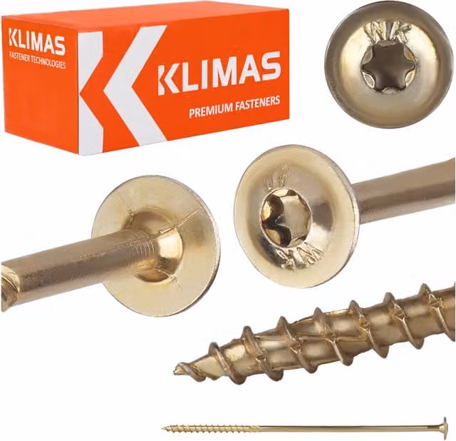 Tornillos de carpintería Wkręt-Met para madera con cabeza de placa, acero galvanizado y acabado dorado, tipo Torx, autoperforantes y autoperforantes con cabeza avellanada
