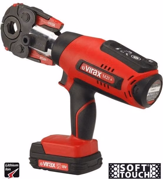 Herramienta de crimpado eléctrica Virax Viper M21 roja con insertos multicapa TH 16, 20 y 26, 2 baterías y 1 cargador