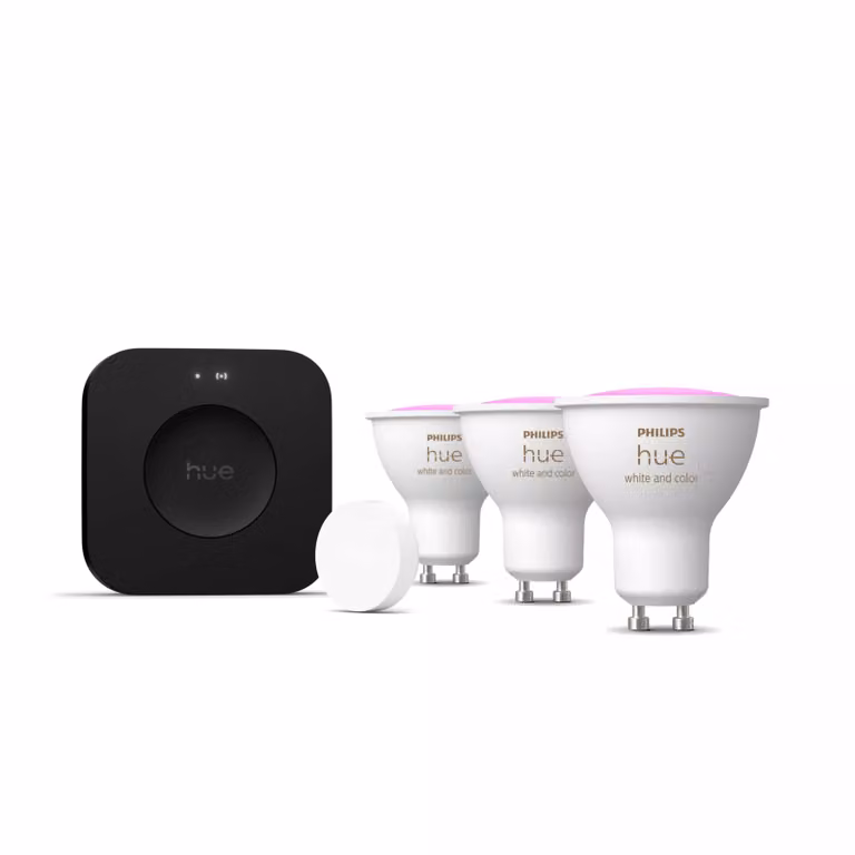 Kit de inicio Philips Hue White & Color Ambiance con 3 bombillas LED GU10, Smart Button y Bridge Pro