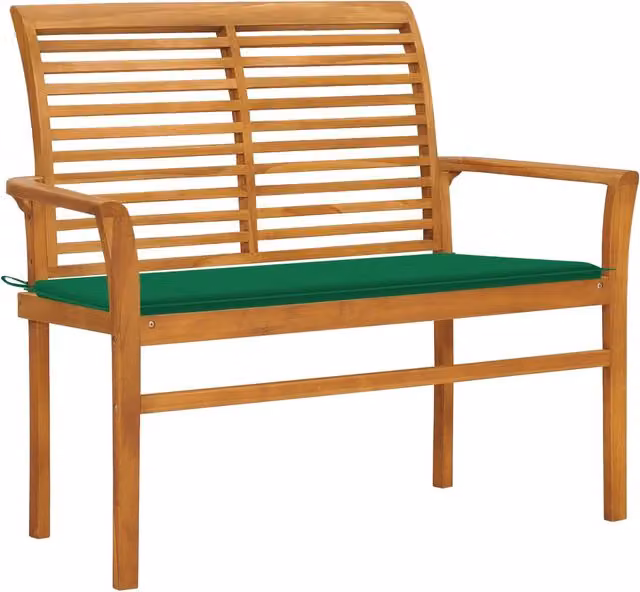 Banco de jardín SYFAX de madera de teca con cojines verdes y reposabrazos, Ancho: 112 cm