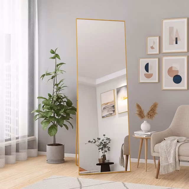 Espejo de cuerpo entero NAHILIMI de pie o pared, diseño moderno rectangular con marco de metal y base antideslizante, color dorado, An/P/Al: 53 x 1 x 162 cm