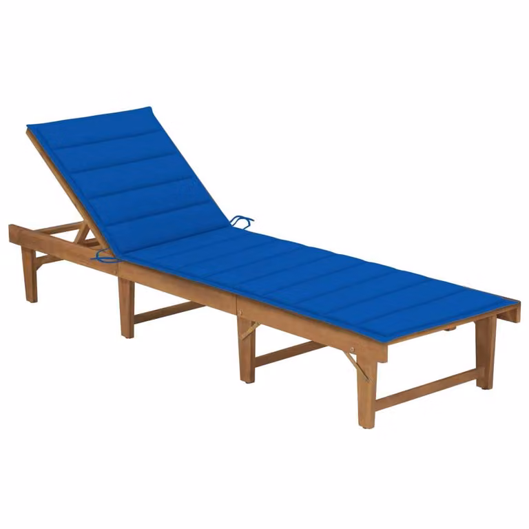 Tumbona plegable Syfax de madera de acacia con cojín azul resistente a la intemperie y reposacabezas ajustable