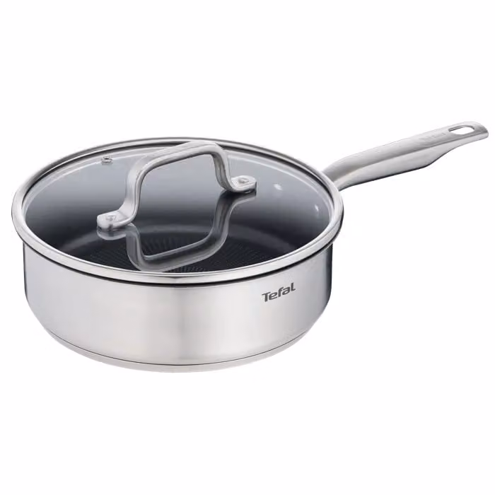 Sartén guisera Tefal Virtuoso de acero inoxidable premium con tapa de cristal y revestimiento antiadherente, color plata, Diámetro: 24 cm