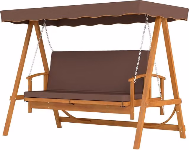 Columpio de jardín NORTHIX de 3 plazas con toldo para sol, convertible en cama y cojines incluidos, madera de abeto tratada, color marrón
