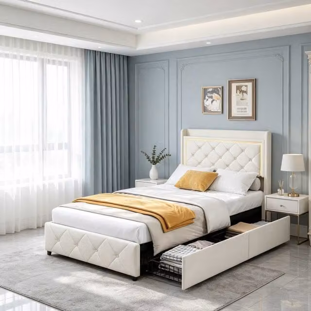 Cama Tapizada OCEVIA de Terciopelo con Cajones, Iluminación LED, Puertos USB y Tipo-C, An/P: 90 x 200 cm