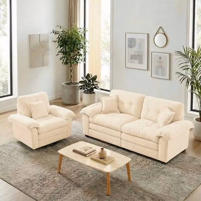 Conjunto de Sofá de 2 Piezas KELLANY en Chenilla Beige con Sofá de Dos Plazas y Sillón Individual, Estructura de Madera Sólida y Cojines Decorativos para Salón u Oficina