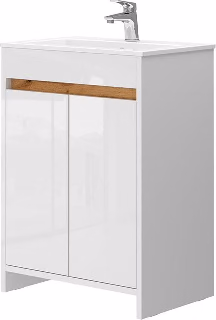 Conjunto de mueble bajo lavabo y espejo Lemgo de Vicco en color blanco con acabado brillante y puertas con cierre suave para baño