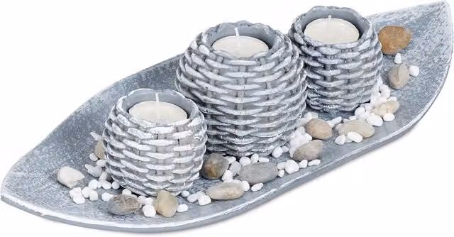 Centro de mesa Relaxdays con bandeja, 3 portavelas trenzados y piedras decorativas, Gris y Blanco, An/P/Al: 38,5 x 16 x 7,5 cm