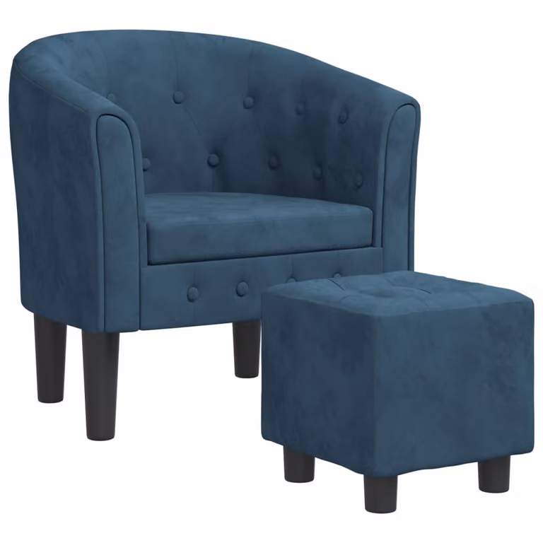 Sillón con taburete de terciopelo azul y estructura de madera de pino vidaXL
