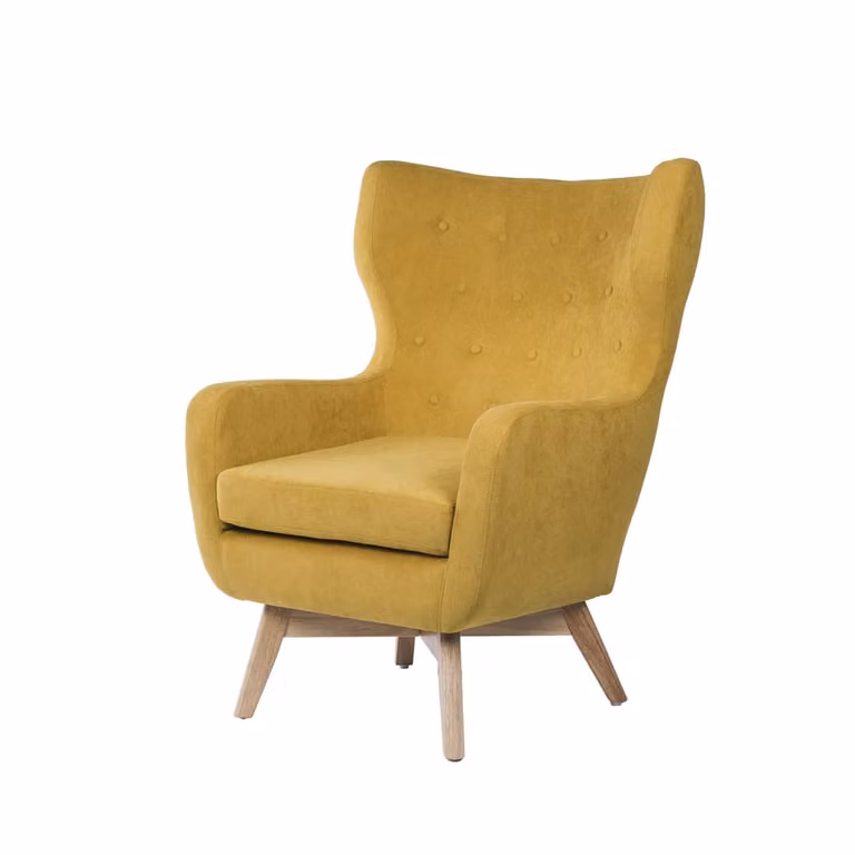 Butaca clásica Koketto Home de estilo tub con estructura de madera de roble y tapizado de tela en color amarillo