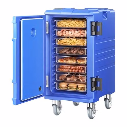 Caja térmica para alimentos VEVOR de 120 L con ruedas, apilable y estanca, color azul, An/P/Al: 65,8 x 48 x 81 cm