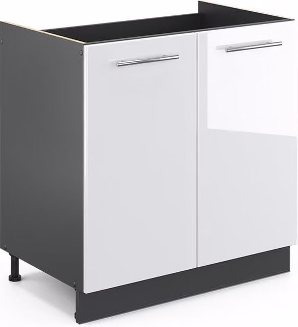 Armario bajo para fregadero Vicco Fame-Line en blanco alto brillo con puertas de cierre suave, An: 80 cm