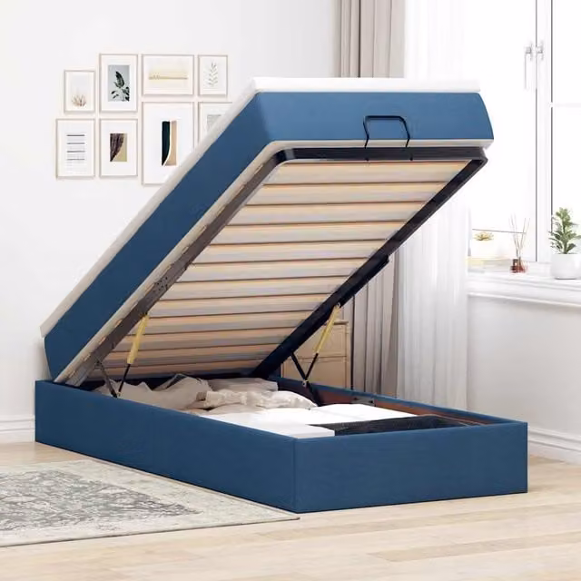 Estructura de cama otomana con colchón Maison Exclusive en tela azul y blanca, An/P/Al: 90 x 200 x 23,5 cm