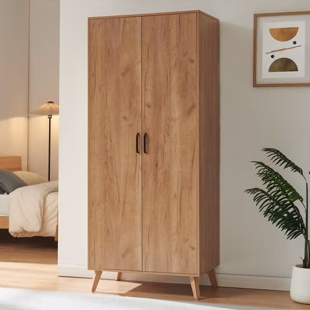 Armario Norg de en.casa con 2 puertas, barra para colgar y estantes, color marrón efecto roble, Al: 191 cm, An: 80 cm, P: 52 cm