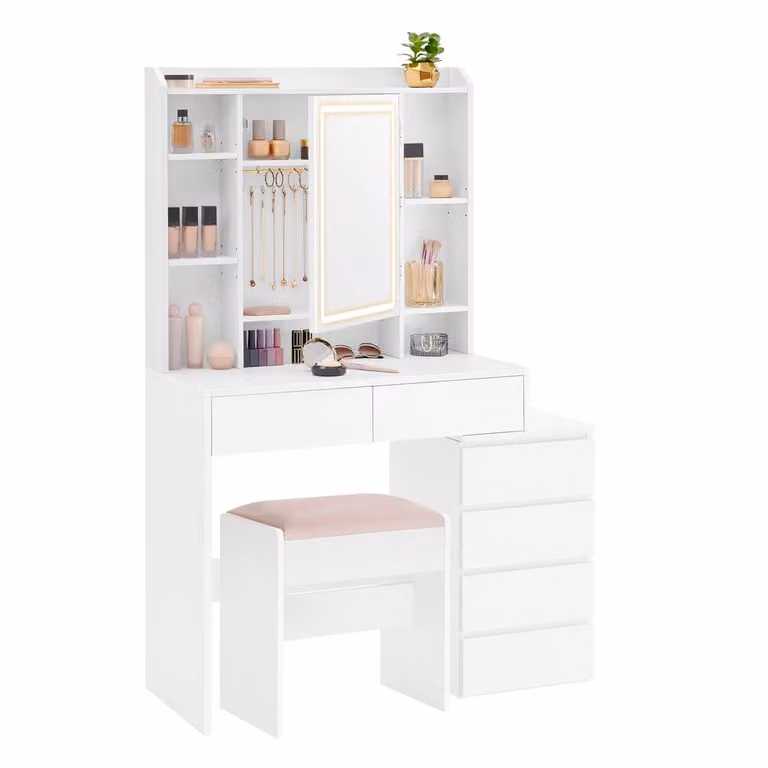 VASAGLE Tocador Hollywood con Espejo LED Ajustable y Taburete en Blanco An/P/Al: 98.3 x 40 x 145 cm