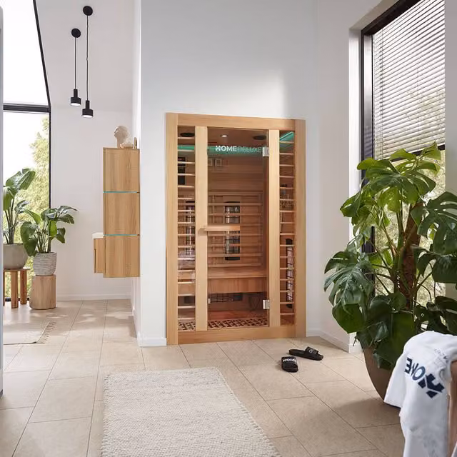 Cabina de infrarrojos Home Deluxe Redsun Deluxe Plus M de madera color marrón para 2 personas An/P: 120 x 105 cm