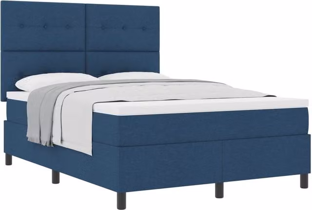Cama tipo box spring SYFAX con cabecera azul de tela y estructura de madera de pino, An/P/Al: 160 x 200 x 28 cm