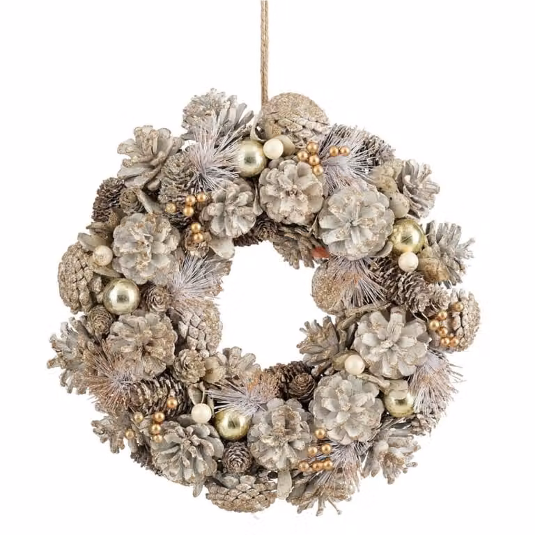 Corona decorativa Hanley de Mica Decorations en blanco y dorado con diseño floral para Navidad, An/P/Al: 34 x 34 x 9 cm