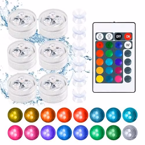 Set de 6 mini luces LED de té sumergibles KEWUZY multicolor con mando a distancia, impermeables IP68 para acuario, piscina o jardín