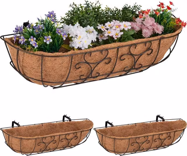 Set de 3 jardineras de balcón para colgar en barandilla Relaxdays de acero y fibra de coco, color marrón, An/P/Al: 76 x 21 x 22 cm