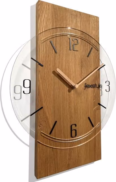 Reloj de pared analógico Flexistyle con diseño geométrico y esfera transparente en madera, Diámetro: 40 cm