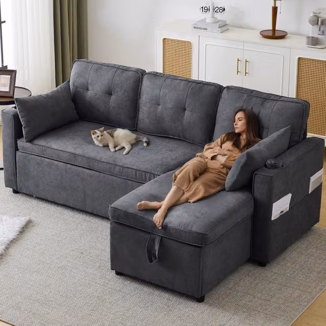 Sofá Cama Reversible Kellany en Forma de L con Función de Descanso, Portavasos y Cojines, Tapizado en Tela Gris para Salón