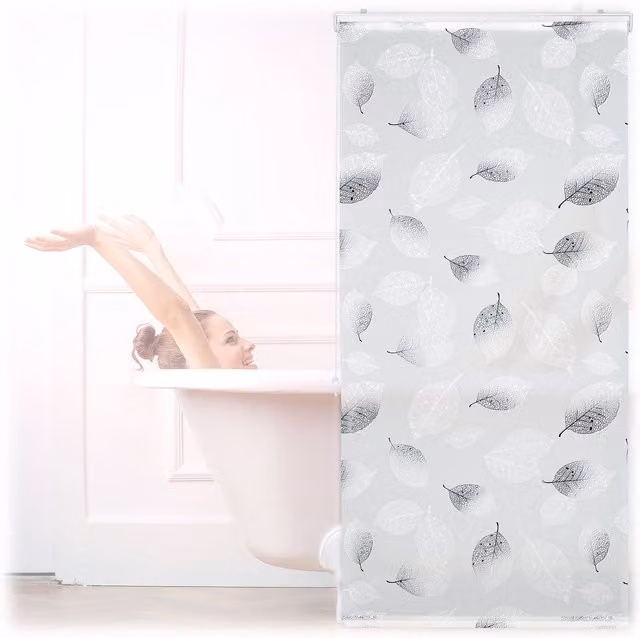Cortina de ducha enrollable Relaxdays con estampado floral de hojas, impermeable, blanco y negro, An/P/Al: 76 x 1 x 240 cm
