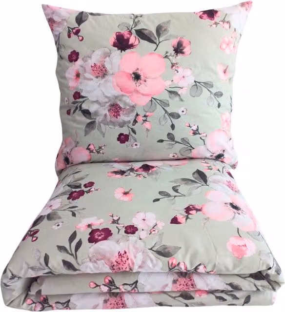 Juego de cama Strong Premium Flowers de Doratex con funda nórdica y fundas de almohada en algodón 100%, diseño floral multicolor en tonos gris y rosa, An/P/Al: 200 x 220 cm