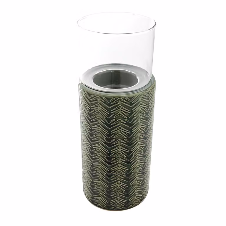 Portavelas decorativo de gres verde Sia Deco con diseño geométrico y forma redonda, Altura: 29 cm
