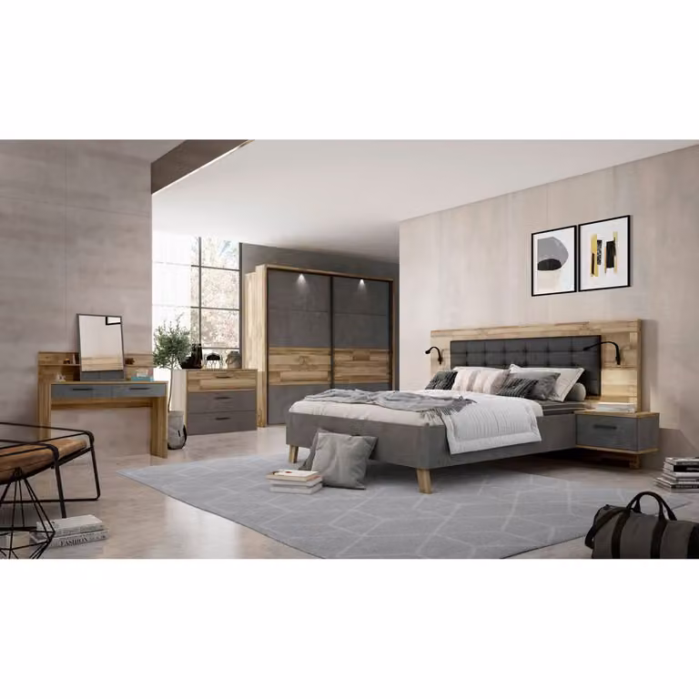 Conjunto de cama Ricciano de Conforama con cabecero y mesitas de noche en madera, An/P/Al: 150 x 190 cm