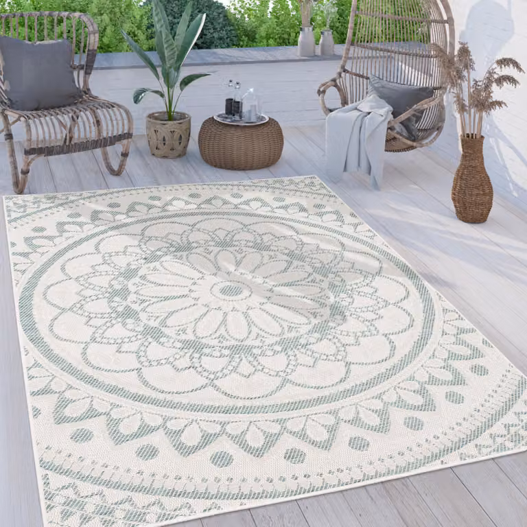 Alfombra de exterior Paco Home con diseño mandala bohemio y étnico en color turquesa, de tejido plano y fácil limpieza, An/P: 80 x 250 cm