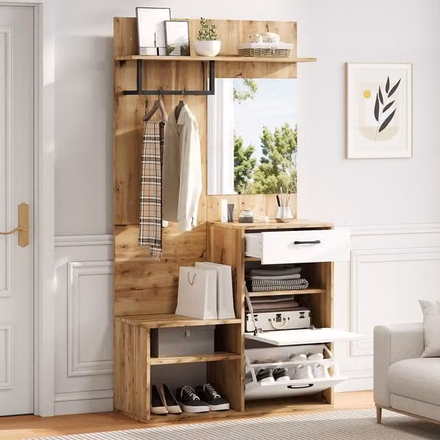 Mueble de recibidor MODENVIE con espejo, banco zapatero, 1 cajón y 2 armarios en blanco y madera, An/P/Al: 100 x 38.5 x 190 cm