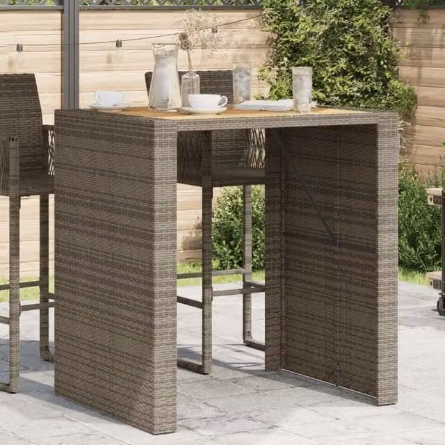 Mesa alta de jardín SYFAX con superficie de madera de acacia aceitada y ratán gris, An/P/Al: 105 x 80 x 110 cm