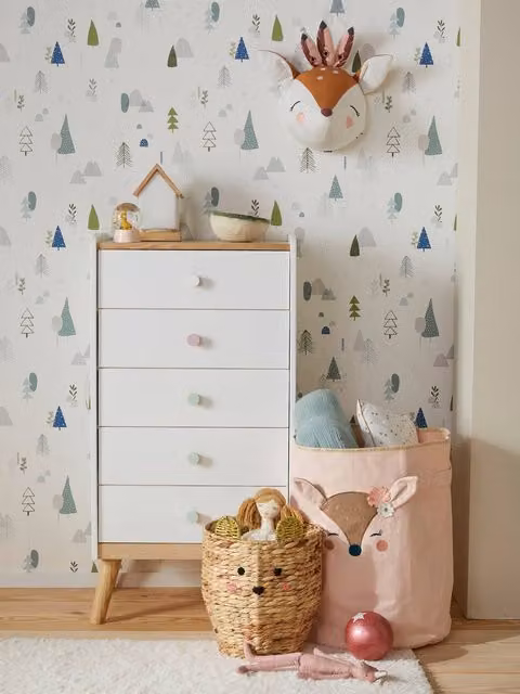 Cómoda infantil Vertbaudet LÍNEA CONFETTI con tiradores personalizables en blanco, rosa y verde