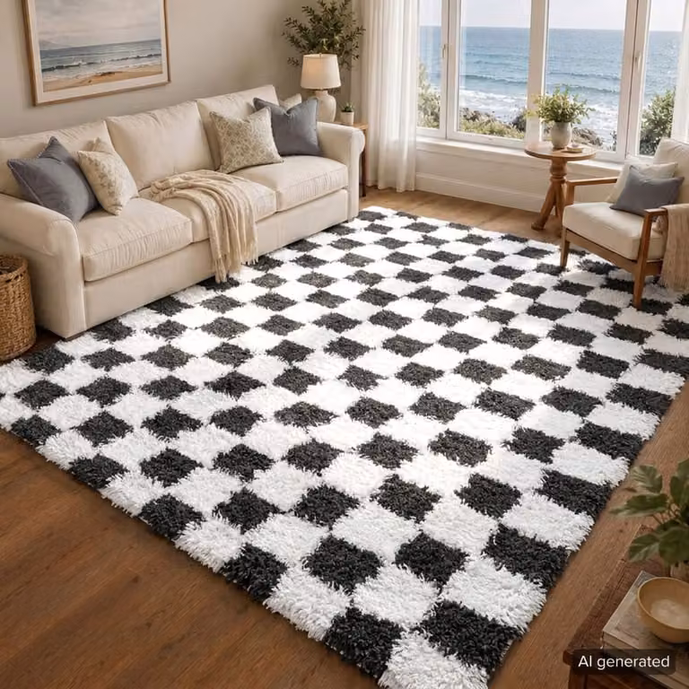 Alfombra shaggy Livabliss de cuadros en blanco y negro, An/P: 160 x 220 cm