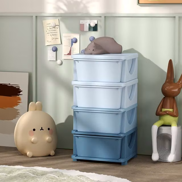 Cajas de almacenamiento infantiles HOMCOM de 4 cajones en plástico azul con bordes redondeados y diseño en relieve