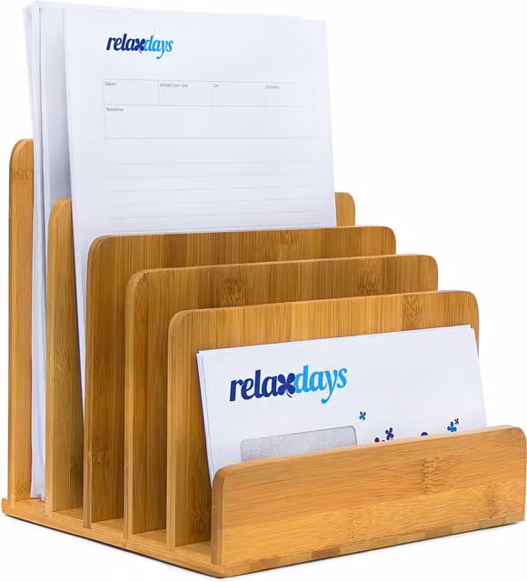 Organizador de documentos de bambú relaxdays con 5 compartimentos, color marrón, An/P/Al: 23 x 24,5 x 20,5 cm