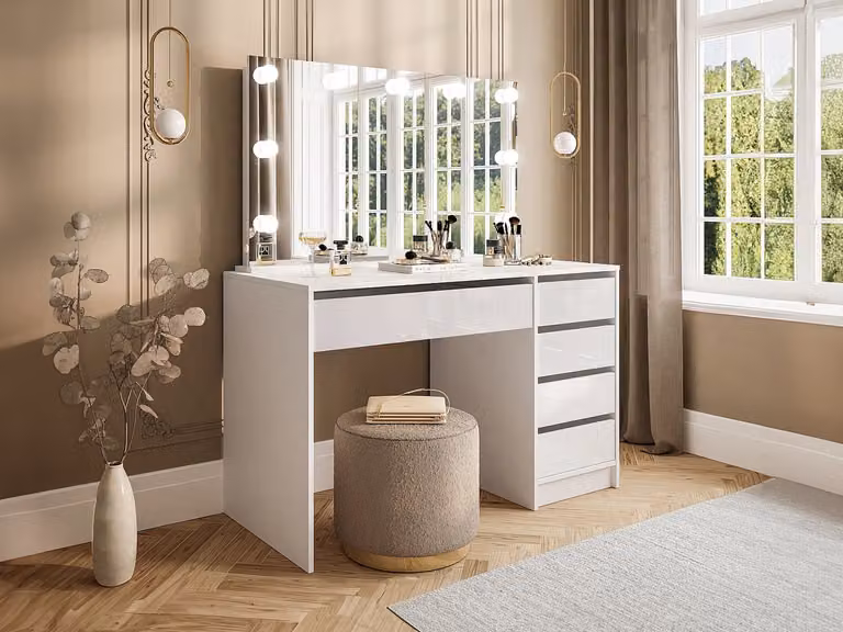 Tocador con espejo LED de estilo Hollywood y 5 cajones en blanco brillante de JENEMI, An/P/Al: 120 x 55 x 76,4 cm