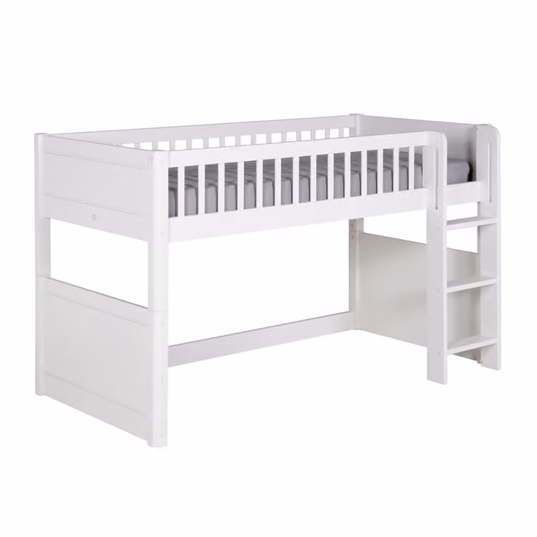 Cama de media altura ID Kids con escritorio integrado y colchón, madera de pino y MDF, color blanco, An/P/Al: 90 x 190 x 107,8 cm