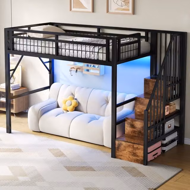 Cama alta individual MODENVIE para niños con iluminación LED, escalera con almacenamiento y estante integrado, estructura de metal y MDF, negro y blanco, An/P/Al: 90 x 200 x 160 cm