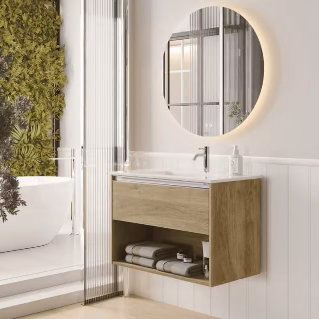 Mueble de baño suspendido BAÑO TOTAL con lavabo cerámico en roble y blanco, diseño moderno con un cajón y estante abierto, An/P/Al: 60 x 45 x 55 cm