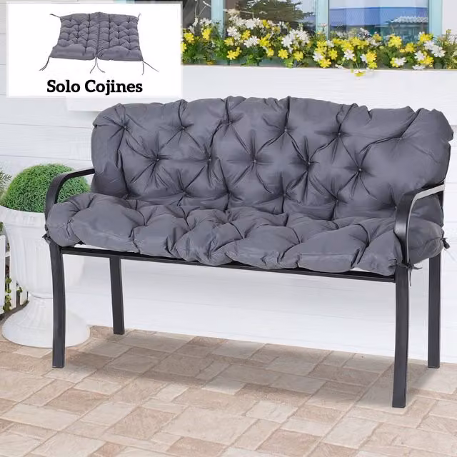 Cojín para banco con respaldo Outsunny de 2 plazas en gris, acolchado y repelente al agua, An/P/Al: 132 x 110 x 10 cm